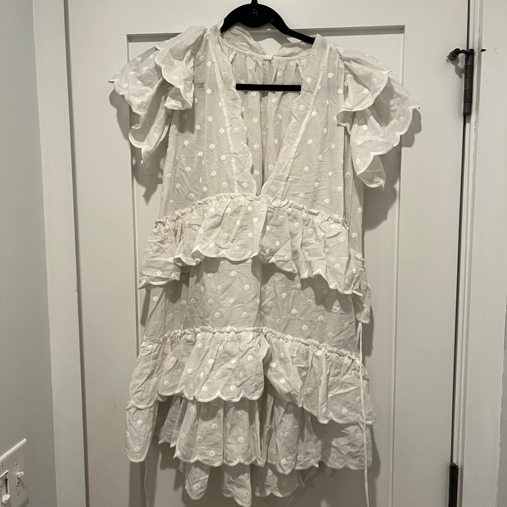 AvantLook White V-Neck Ruffle Polka Dot Dress